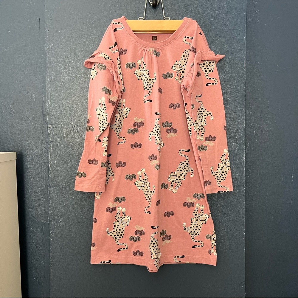 Tea Collection Pink Leopard Print Ruffle Sleeve Dress